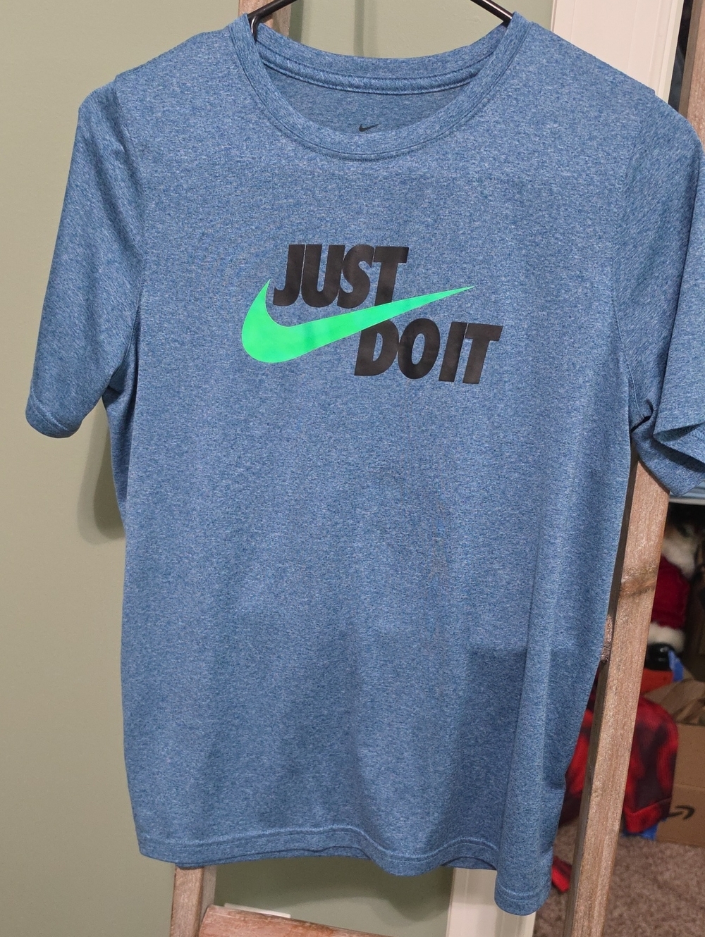 Nike Heather Blue Tee with Neon Green Swoosh and Black Text
